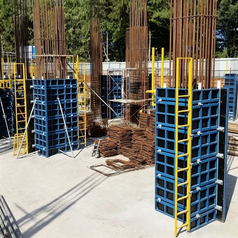 Blue modular concrete steel formwork panels for column and wall pouring, reusable heavy-duty steel formwork system on construction site Blue modular concrete steel formwork panels for column and wall pouring, reusable heavy-duty steel formwork system on construction site