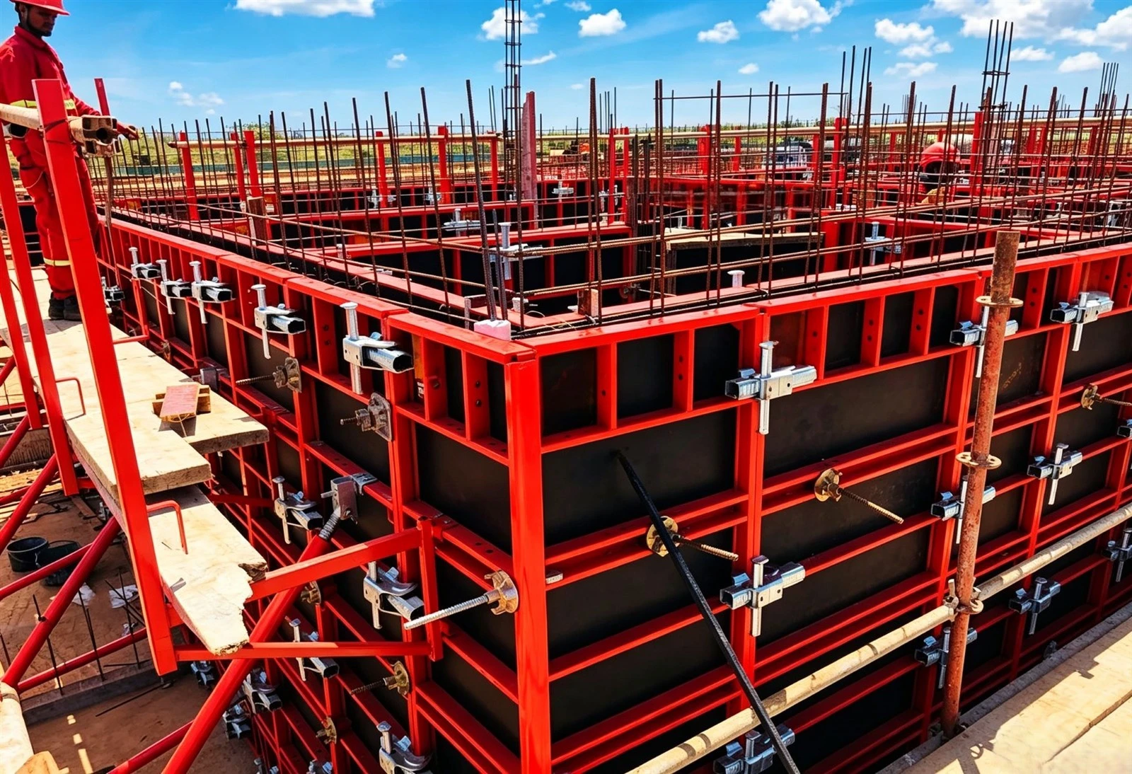 Modular steel formwork for concrete wall construction on building site Modular steel formwork for concrete wall construction on building site